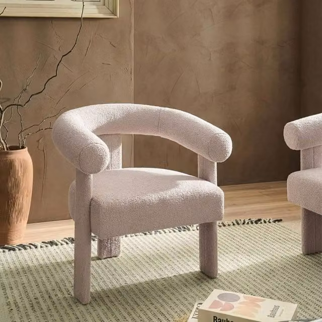 Wyld and Coco Aura Home Retro Boucle Armchair in Light Beige with Rubberwood Legs – 1