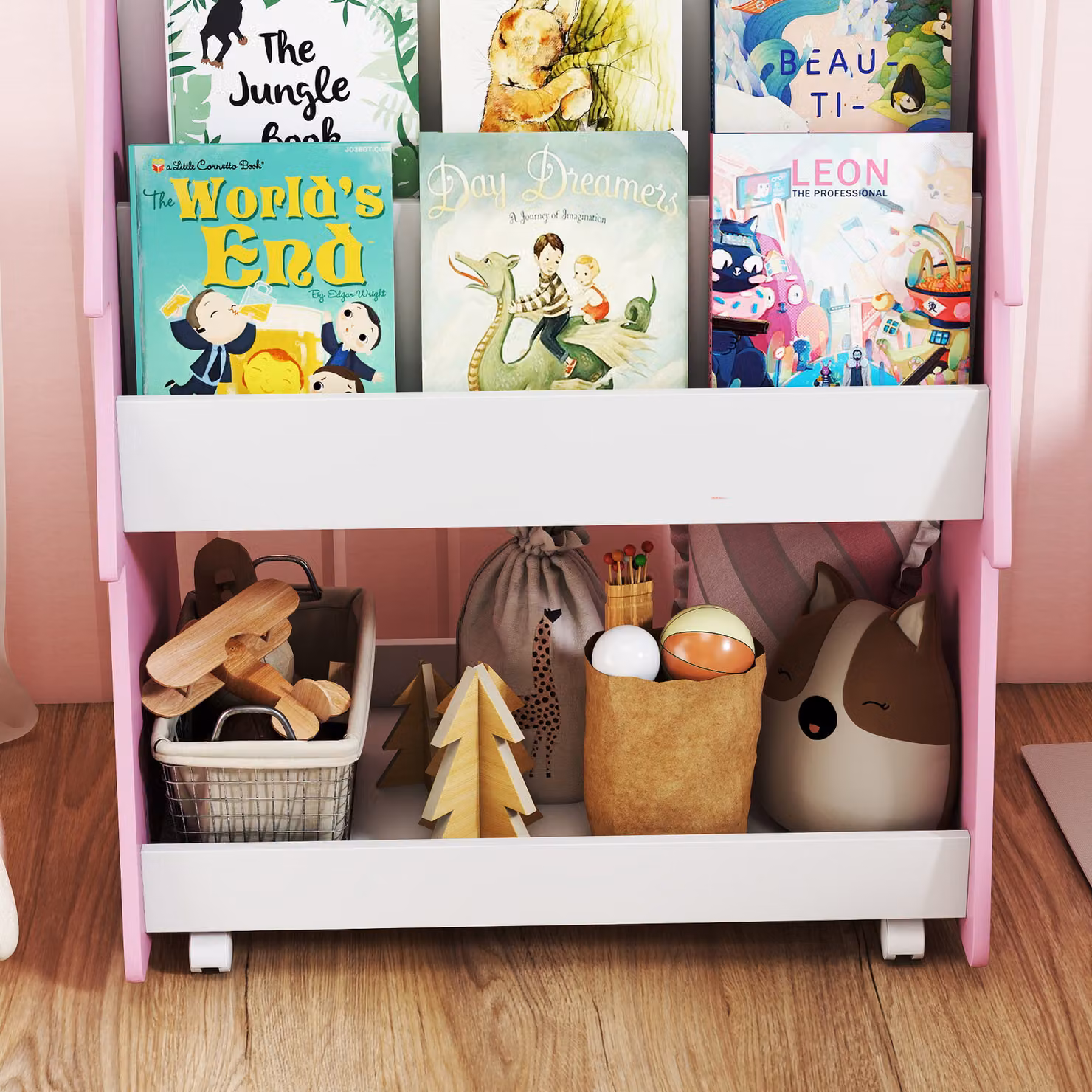 AIYAPLAY Kids Bookshelf with Toy Storage, Double-Sided 3 Tier Pink Bookcase with Wheels – 3