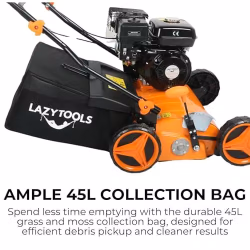 Ark Mat Petrol Lawn Scarifier and Raker in Orange, 212cc 4-Stroke Engine, 420mm Working Width, 2-in-1 Garden Aerator with 45L Collection Bag and Metal Deck – 4