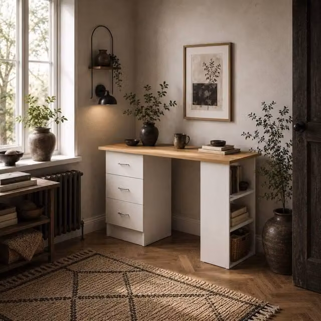 Wyld Haus Modern White Writing Desk with 3 Drawers and 3 Shelves, Width: 120 cm