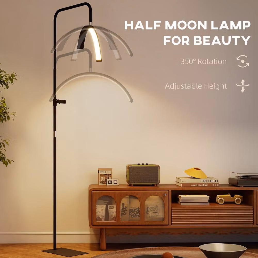 HOMCOM Black Half Moon Lash Light, Dimmable and Height Adjustable Beauty Floor Lamp with Remote Control – 4
