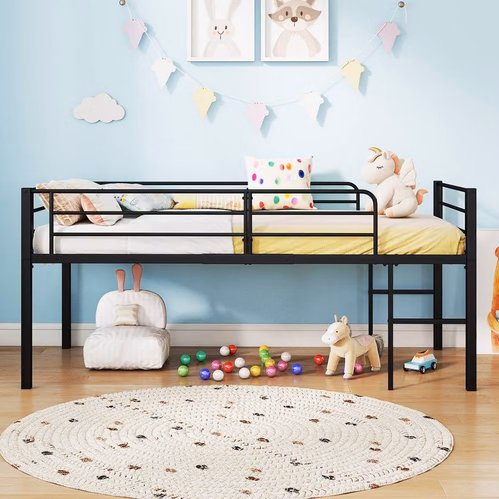 Costway Single Size Low Loft Metal Bed Frame with Guardrails and 2 Ladders in Black, W/D/H: 90 x 200 x 155 cm – 2
