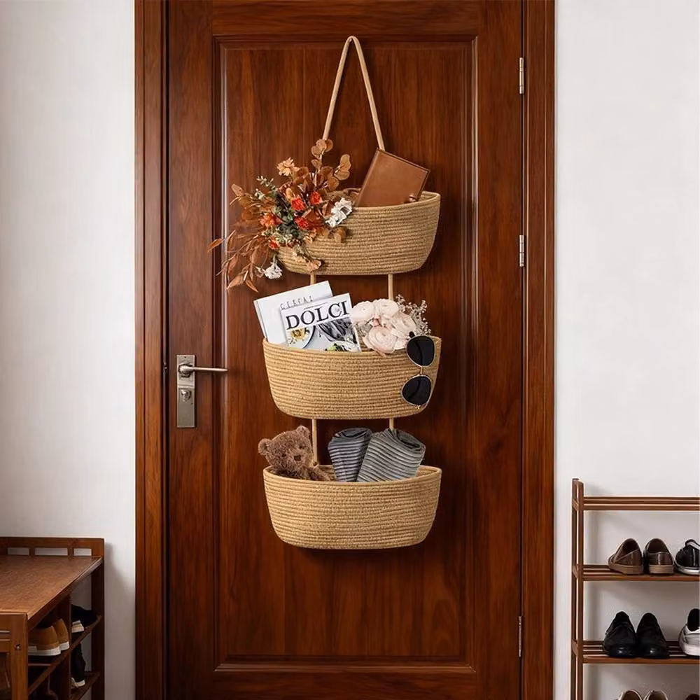 KORVIXA 3 Tier Cotton Rope Woven Hanging Basket in Beige and Sand, Diameter: 80 cm – 2