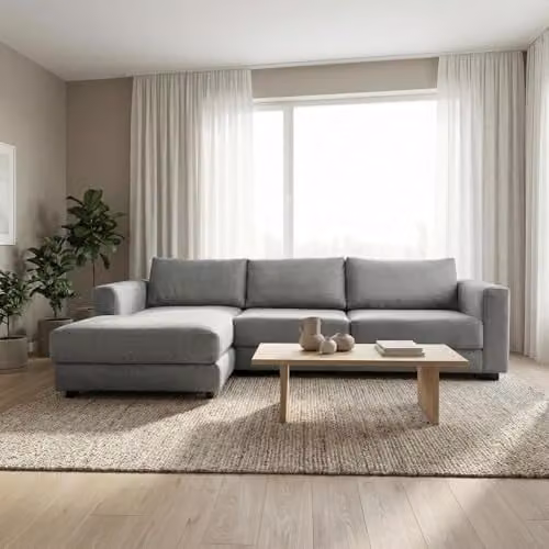 Abakus Direct Kaizer L-Shaped Corner Sofa in Grey Bouclé Fabric, Left Facing – 1