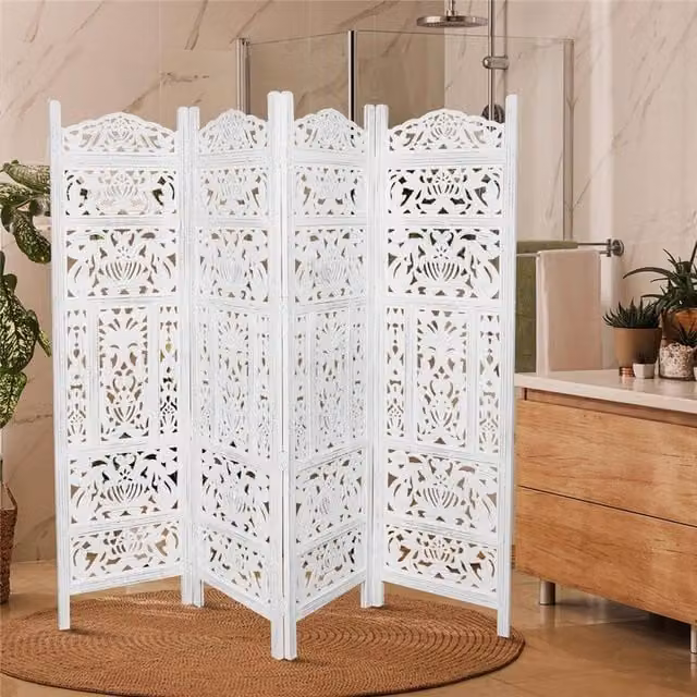 Topfurnishing 4 Panel Heavy Carved Wooden Room Divider Screen with Floral Leaves in White Matt Finish