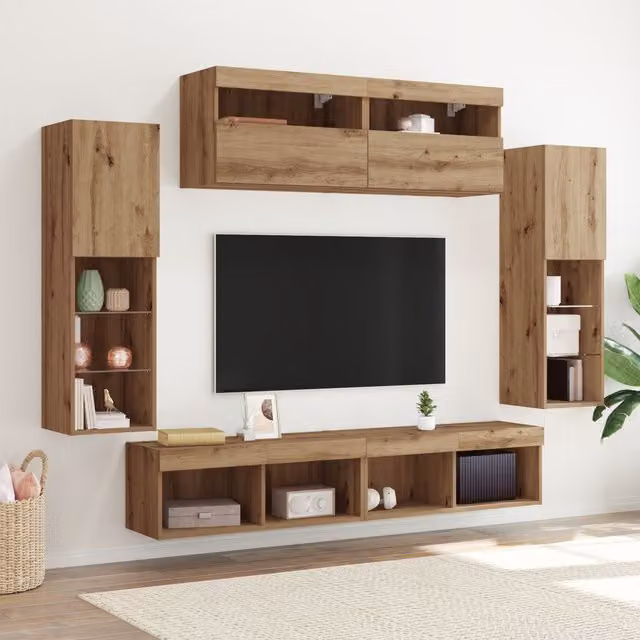 Berkfield Home Set of 2 Modern Wall Mounted TV Cabinets in Artisan Oak Brown with Integrated LED Lighting, W/D/H: 80 x 30 x 30 cm – 1