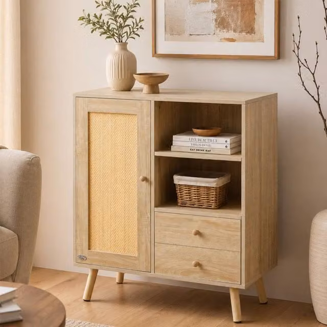 Abrihome Multifunctional Rattan Side Cabinet with 2 Shelves and 2 Drawers in Sand Beige – 1