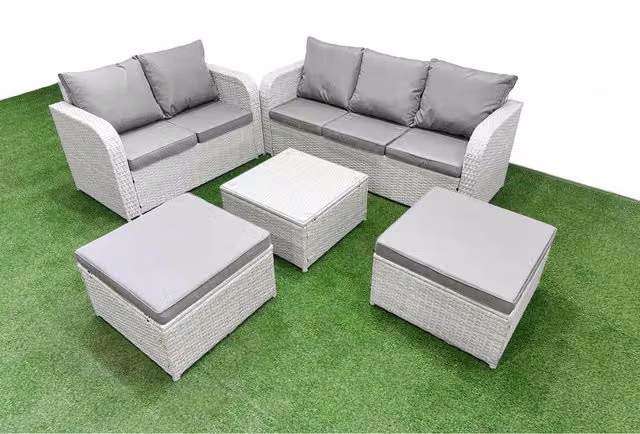 Fimous 7-Seater L-Shape PE Rattan Garden Furniture Set in Light Grey with Upholstered Cushions and Square Glass Coffee Table