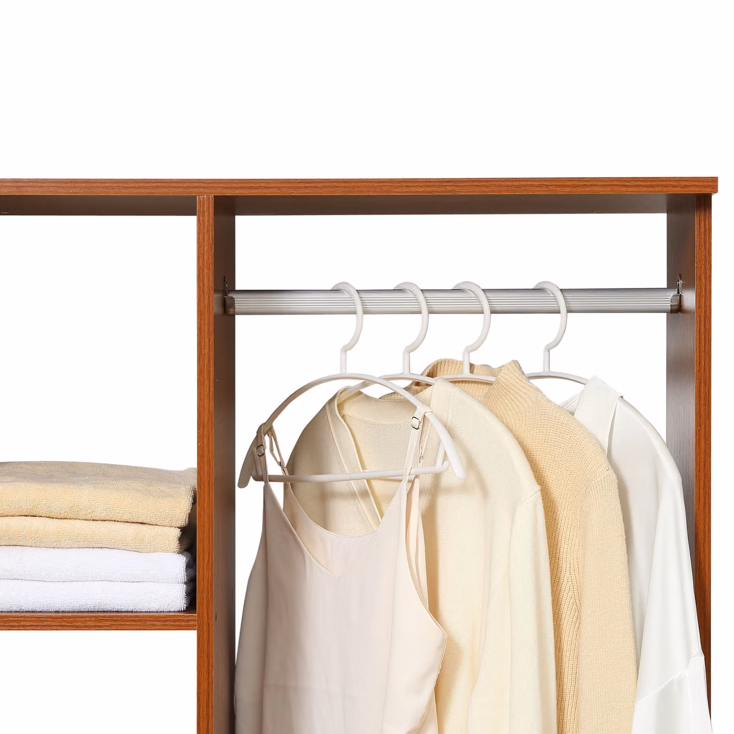 HOMCOM Rolling Open Wardrobe with Hanging Rail and Storage Shelves in Brown – 9