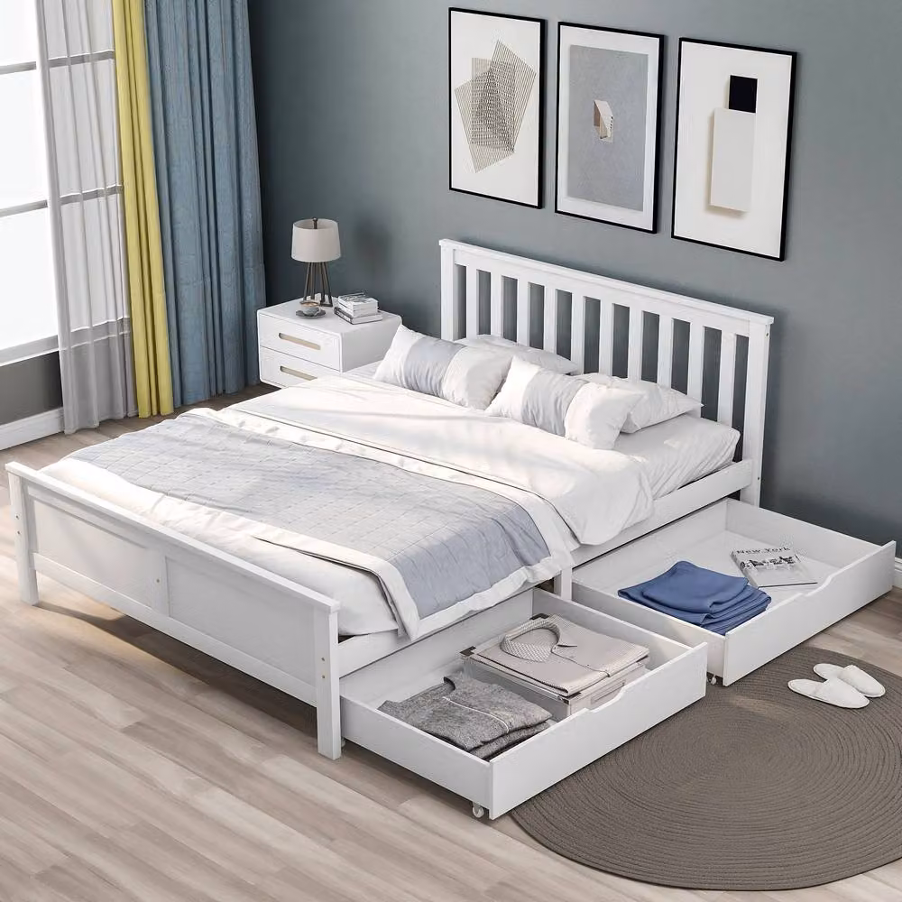 ModernLuxe White Solid Pine Double Bed with Under-bed Drawers, W/D/H: 140 x 200 x 82 cm – 5