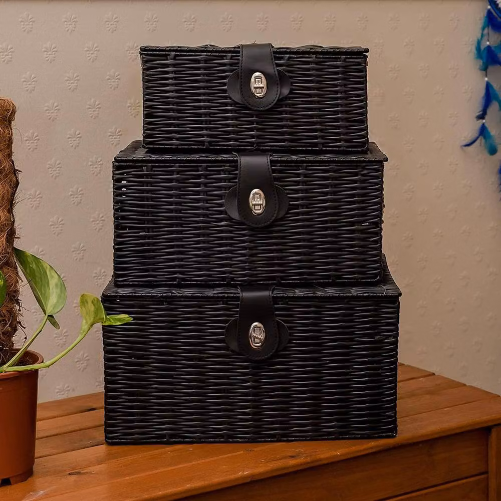 MANTRARAJ Set of 3 Black Resin Wicker Woven Storage Baskets with Lids and Locks – 6
