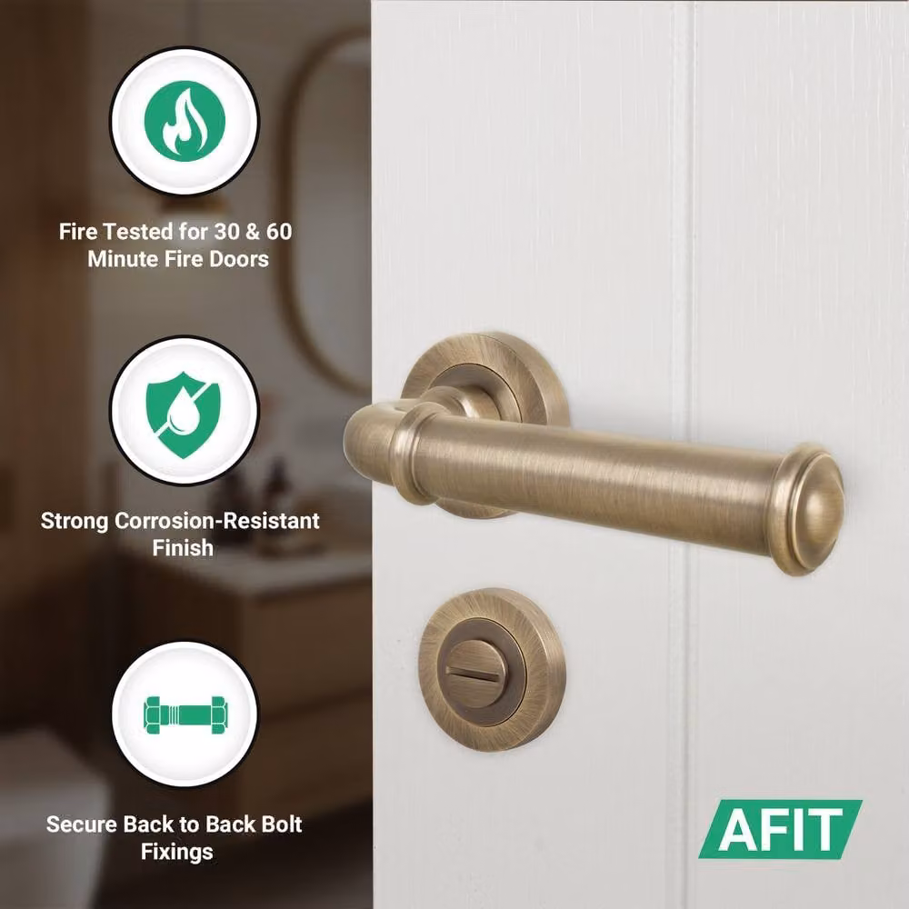 AFIT Antique Brass Fire Door Handle Bathroom Set in Bronze, 80mm Lock and 102mm Hinges, W/D/H: 15 x 15 x 15 cm – 2