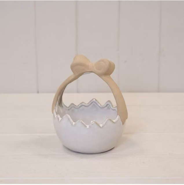 KDMD White Glazed Ceramic Easter Egg Basket with Unglazed Bow Handle