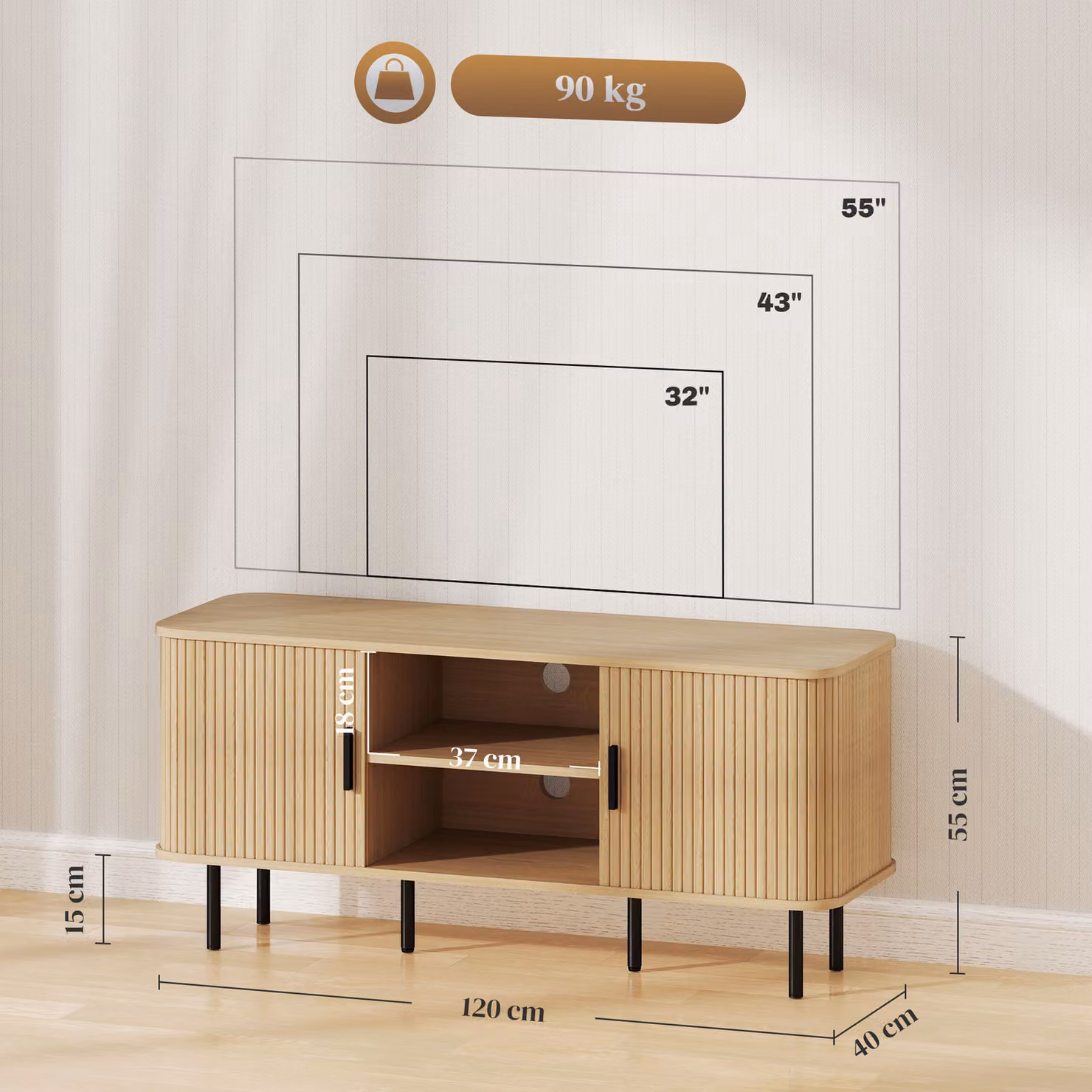 HOMCOM TV Stand Cabinet in Oak Tone for TVs up to 55 Inches with Storage Shelves and Cupboard – 3