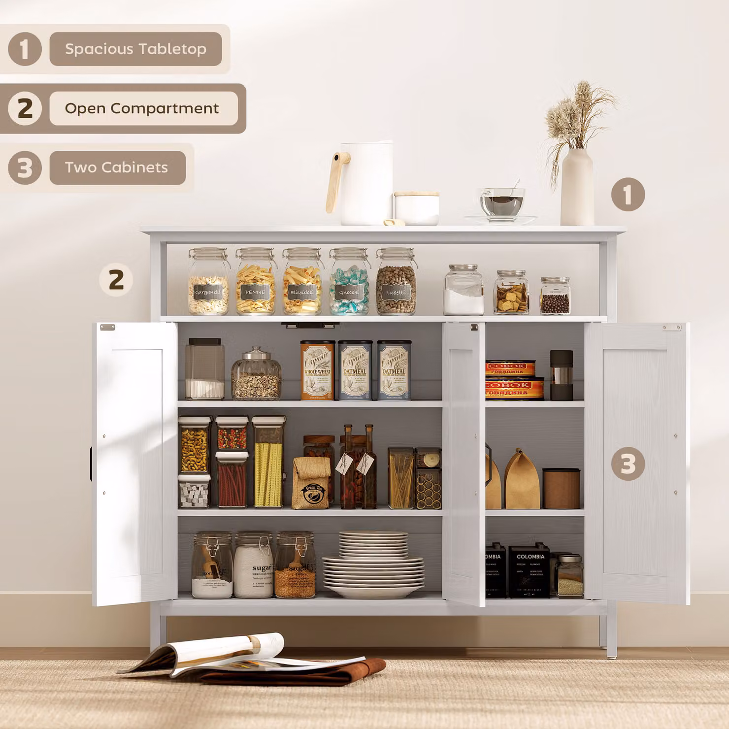 HOMCOM Industrial Kitchen Sideboard in White with Open Shelf, 2 Cabinets and Adjustable Shelves – 3