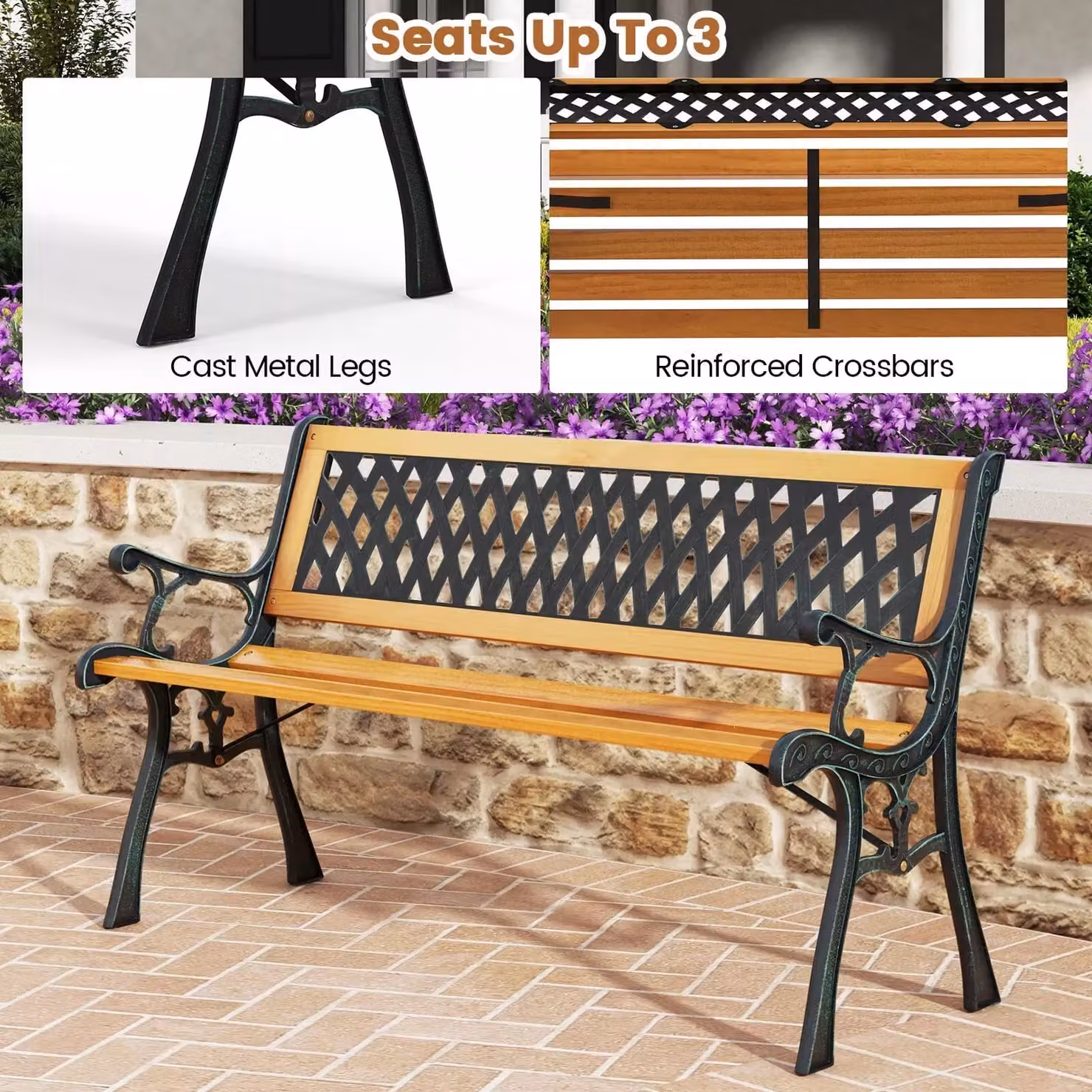 Costway Black Outdoor Garden Bench Loveseat with Wood Slats and Metal Frame – 6