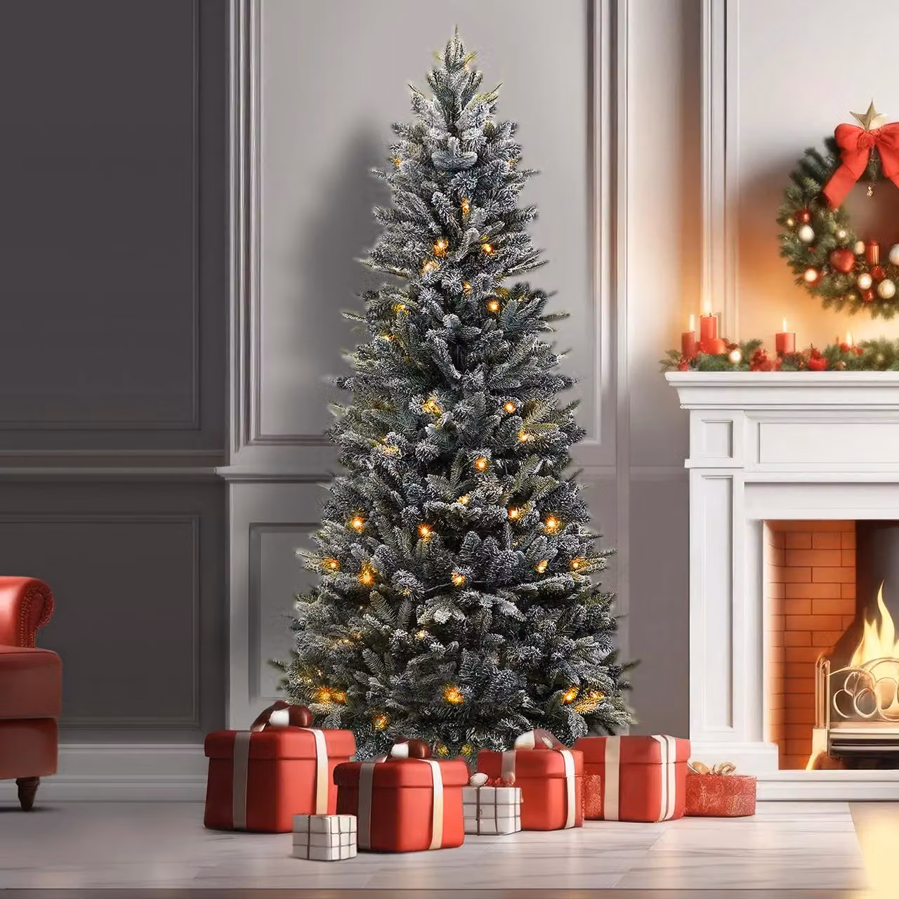 mysmartbuy Pop-Up Pre-Lit Frosted Pine Christmas Tree with Warm White LEDs and Timer in Green, Height: 182.88 cm – 2