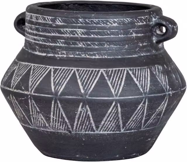 KDMD Etched Round Ceramic Decorative Flower Pot with Handle in Black – 1
