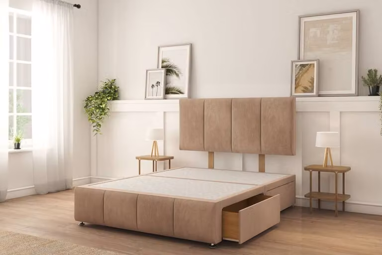 Sloomy Lisbon Naples Divan Bed Set with 2 Drawers on Left Side, 26 inch Strutted Headboard and 12 inch Matching Footboard, Light Brown Velvet Fabric, W/D/H: 120 x 200 cm, Small Double