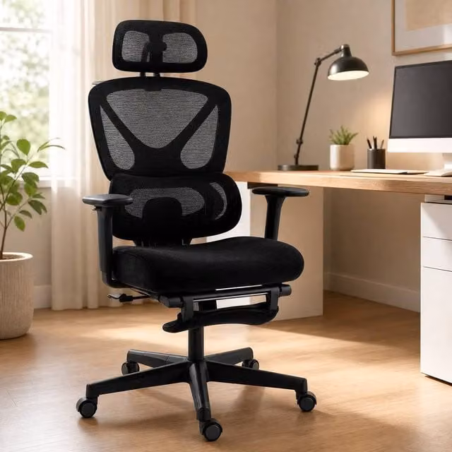 STILVORA Ergonomic Office Chair with Headrest and Armrests in Black Fabric – 1