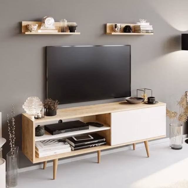 Decorotika Pi Modern TV Unit in White and Yellow with Sapphire Oak Pattern for TVs up to 72 inch