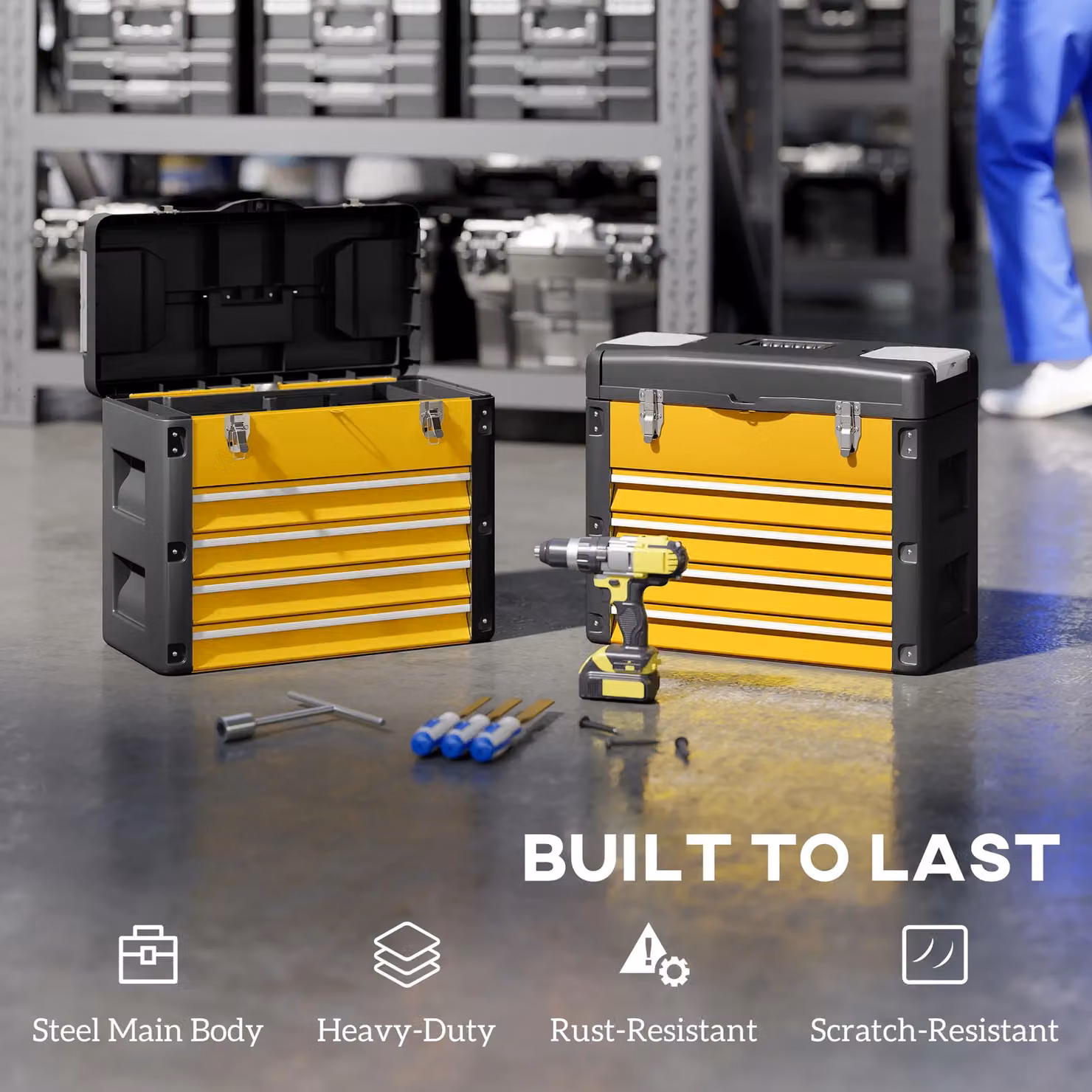 HOMCOM Large 4-Drawer Steel Toolbox with Handle, Yellow, W/D/H: 49.7 x 40.7 x 25.3 cm – 5