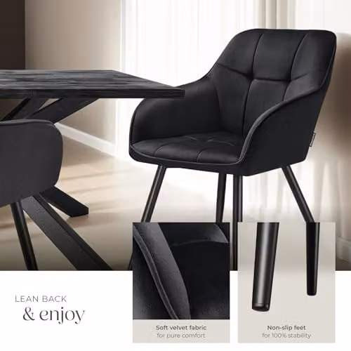 tectake Set of 4 Marilyn Dining Chairs with Velvet Fabric and Geometric Pattern in Black – 5