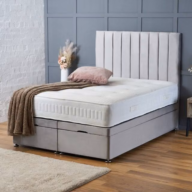 BSSPOKE Aria King Size Ottoman Divan Bed with 54 inch Panel Headboard in Silver Plush Velvet – 1