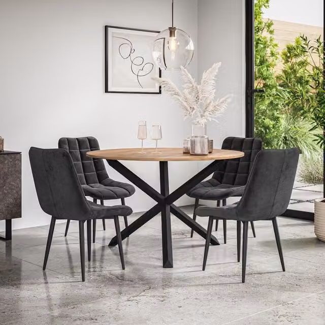 More4Homes Malvern Round Dining Table and Set of 4 Nova Velvet Dining Chairs with Oak Top and Black Legs
