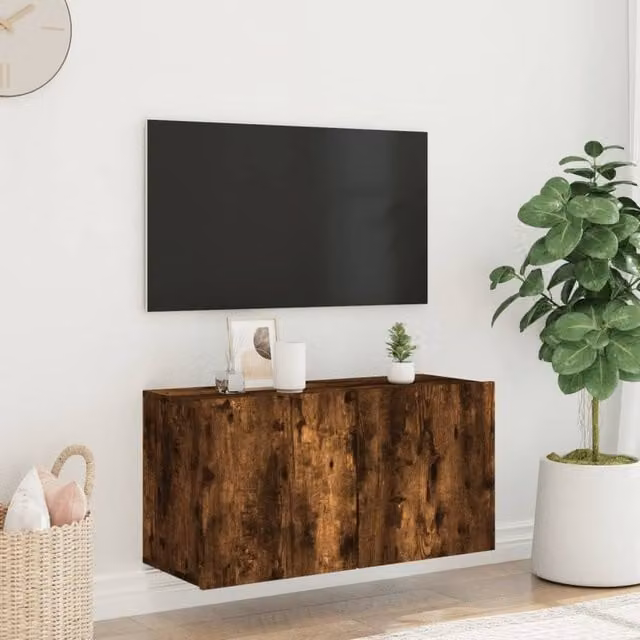 Berkfield Home Wall-mounted Smoked Oak TV Cabinet in Brown, W/D/H: 80 x 30 x 41 cm