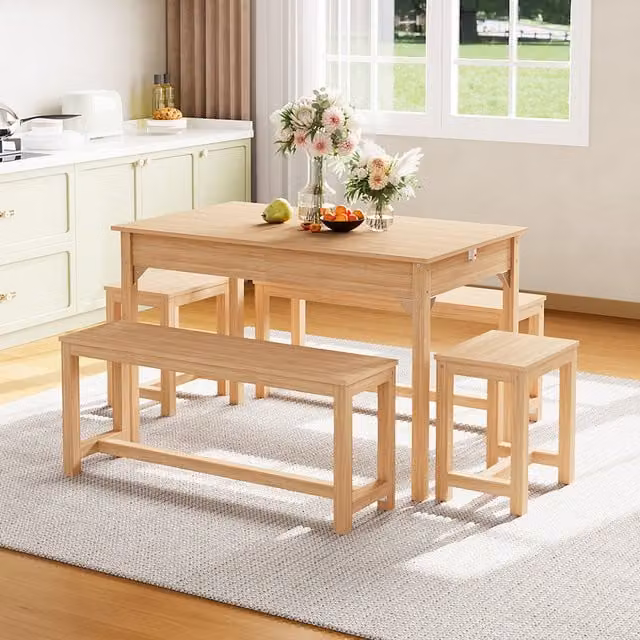 Livingandhome Modern Rectangular Wood Dining Table and Bench Set in Brown