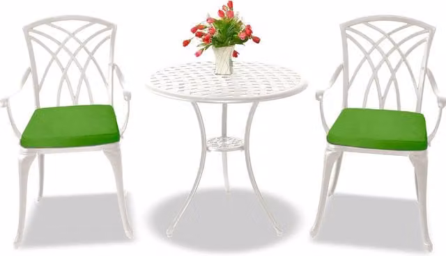 OSHOWA White Metal Garden Bistro Set with Table and 2 Chairs featuring Green Cushions
