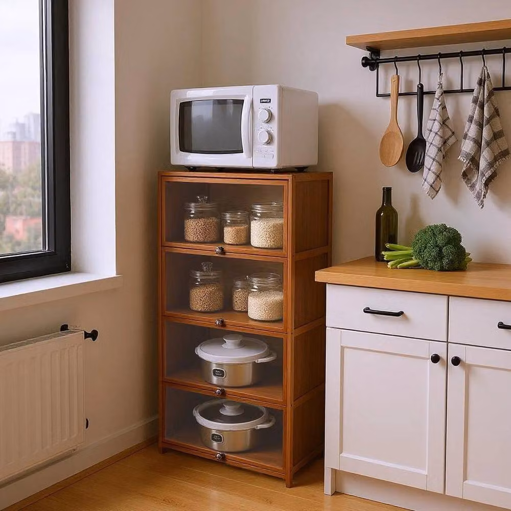 KORVIXA Tall Bamboo Kitchen Storage Cabinet in Brown with Glass Doors, W: 90.0 cm, H: 65.0 cm – 4