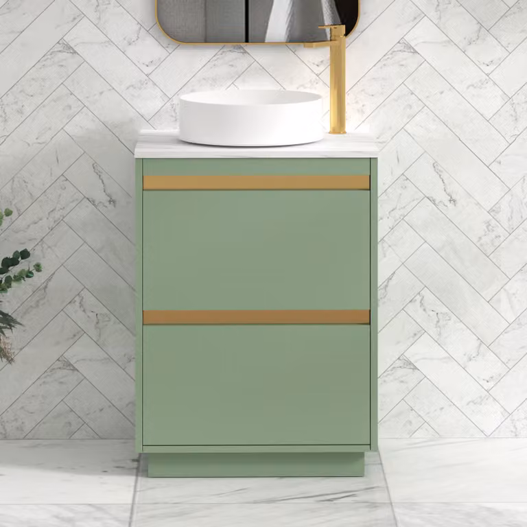 Royal Bathrooms Orion 800mm Mint Sage Floor Standing 2 Drawer Vanity Unit with Carrara White Undrilled Worktop and Brushed Brass Accent Trim
