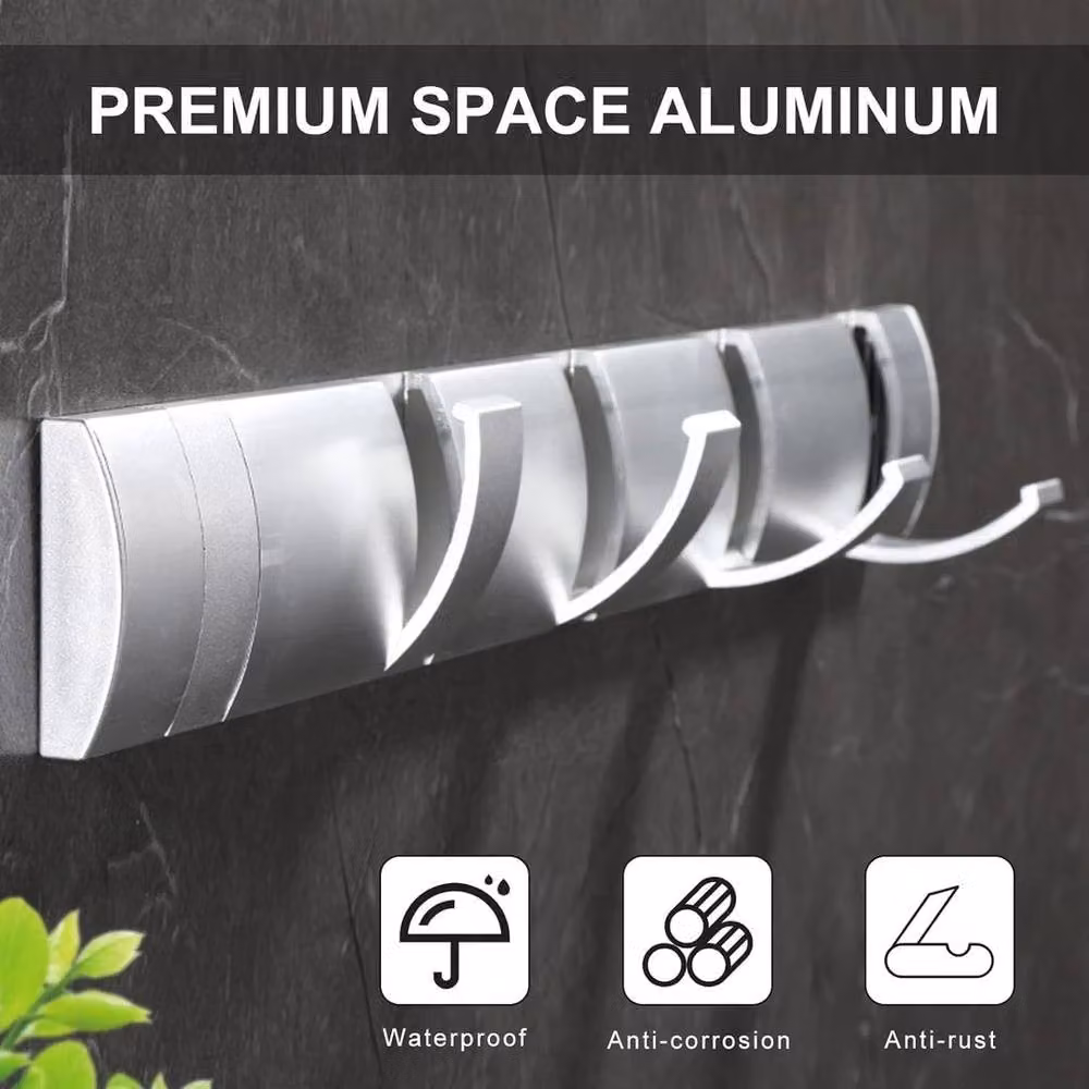KORVIXA Foldable Aluminium Alloy Wall Mounted Coat Hooks with 5 Hooks in Silver – 4