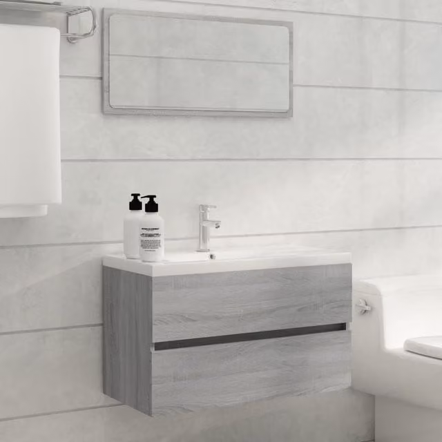 Berkfield Home 2 Piece Modern Grey Bathroom Furniture Set Including Vanity Unit and Mirror Cabinet