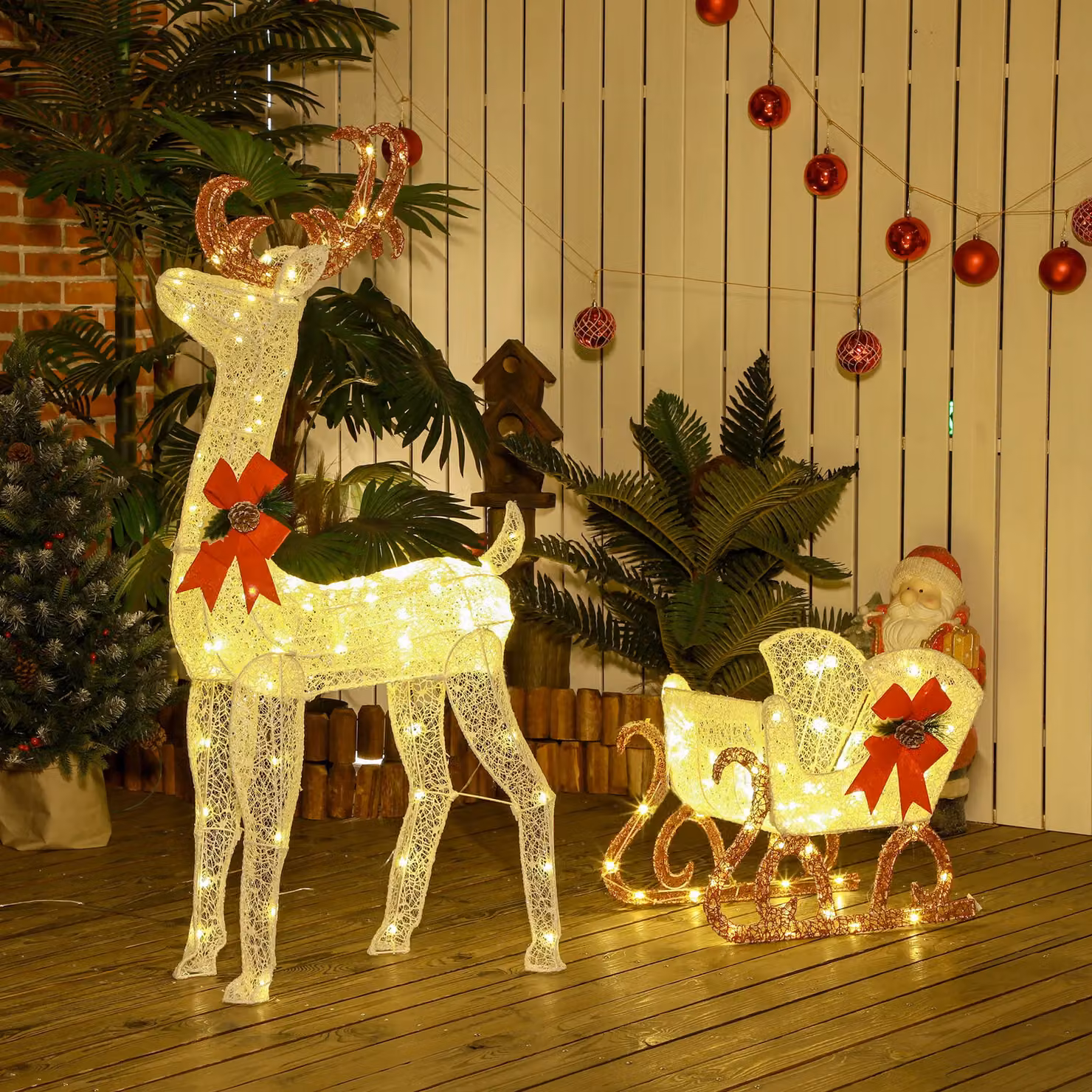 OUTSUNNY White Light Up Reindeer and Sleigh Christmas Decoration with 170 LED Lights – 2