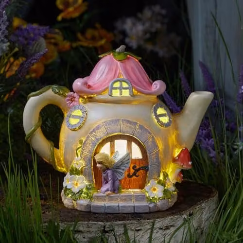 mysmartbuy Solar Powered Teapot Shaped Fairy House LED Light Up Garden Ornament, Multicolour and White, H19 x W24 x D15 cm – 1
