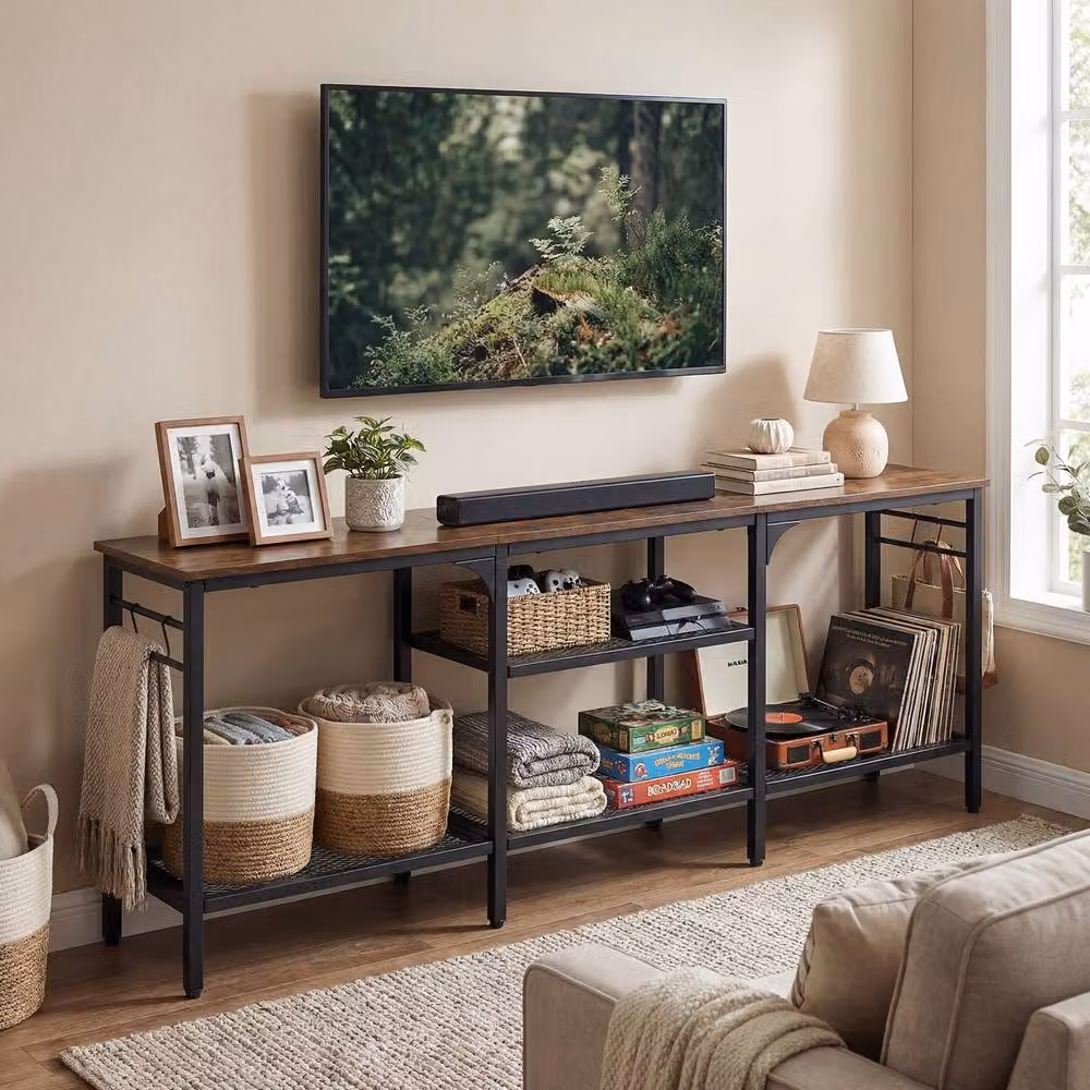 Gymax Industrial TV Stand and Media Console Table with Metal Mesh Shelves in Brown for up to 65 inch TVs – 8