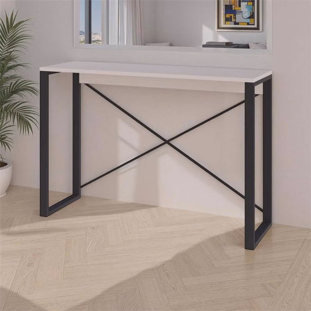 Nordara Sandstone Narrow Console Table with White Metal X-Frame Legs – 2