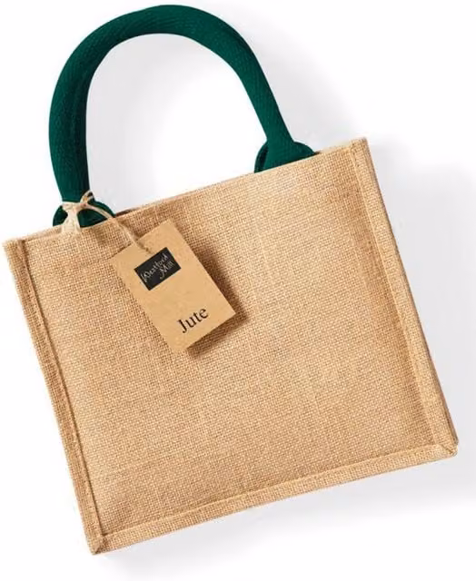 Westford Mill Jute Mini Gift Bag in Beige and Green, W: 14.0 cm, H: 26.0 cm, D: 22.0 cm