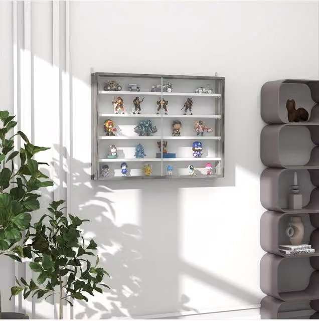 ERGOVEXA 5-Tier Wall Mounted Display Shelf Unit with Glass Doors, Grey Wood Grain – 1