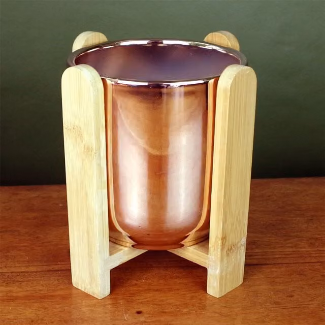 Leaf Gold Ceramic Planter with Bamboo Stand Tabletop Floral Plant Pot – 1