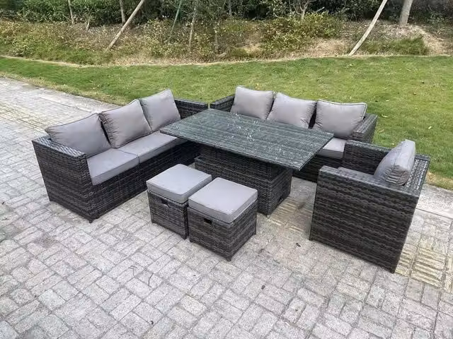 Fimous Dark Grey Wicker PE Rattan Garden Furniture Set with Adjustable Rising Lifting Dining Table and 2 Stools