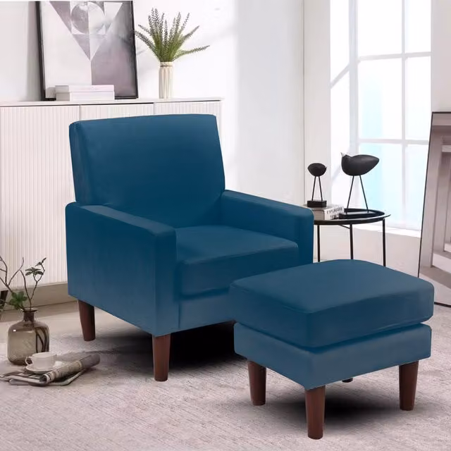 Comfy Living Modern Plush Velvet Tub Chair with Matching Footstool in Blue
