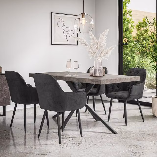 More4Homes Donni Dining Table and Anika Velvet Dining Chair Set, Concrete Effect Grey Table Top with Black Legs and 4 Chairs, W/D/H: 160 x 80 x 76 cm – 1