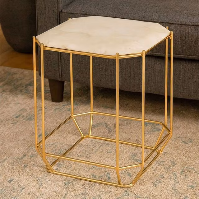 Orsina White Marble Top Square Side Table with Gold Geometric Frame