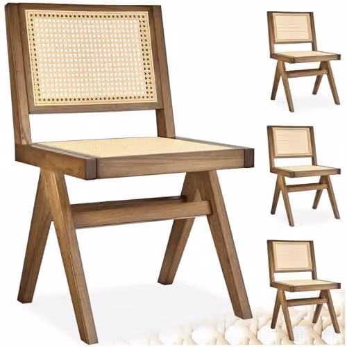 tectake Set of 4 Mid-Century Modern Dining Chairs with Solid Wood Frame and Viennese Wickerwork in Light Brown – 1