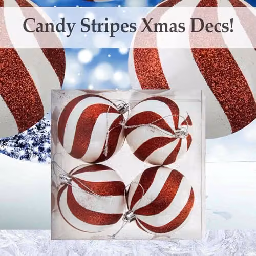 VFM Red and White Striped Candy Cane Baubles, 4 Pack, Diameter: 8 cm – 5