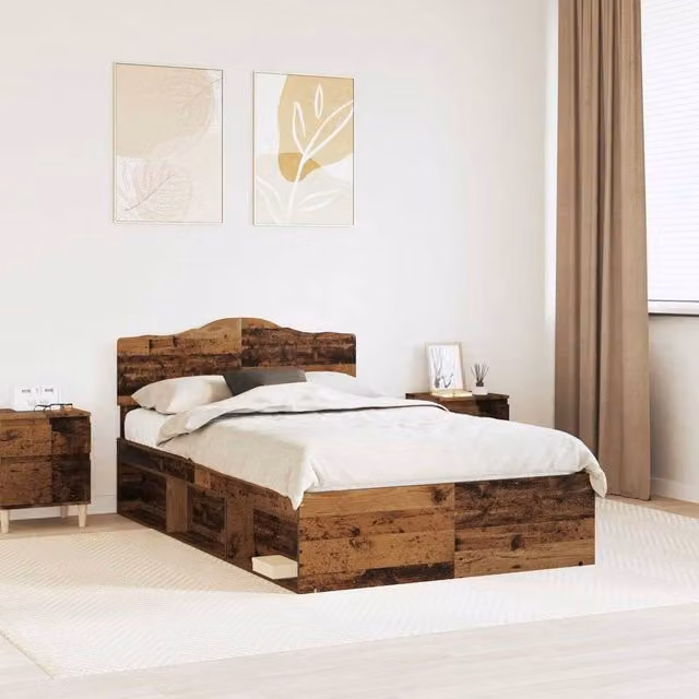 Berkfield Home Bed Frame with Headboard in Old Wood Brown, Solid Pine Wood, W: 135 cm, L: 190 cm – 1